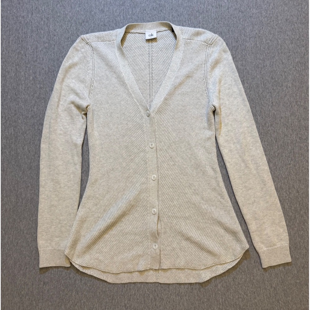 Cabi 3161 V-Neck Ribbed Knit Button Front Cardigan Sweater Oatmeal Grey Small